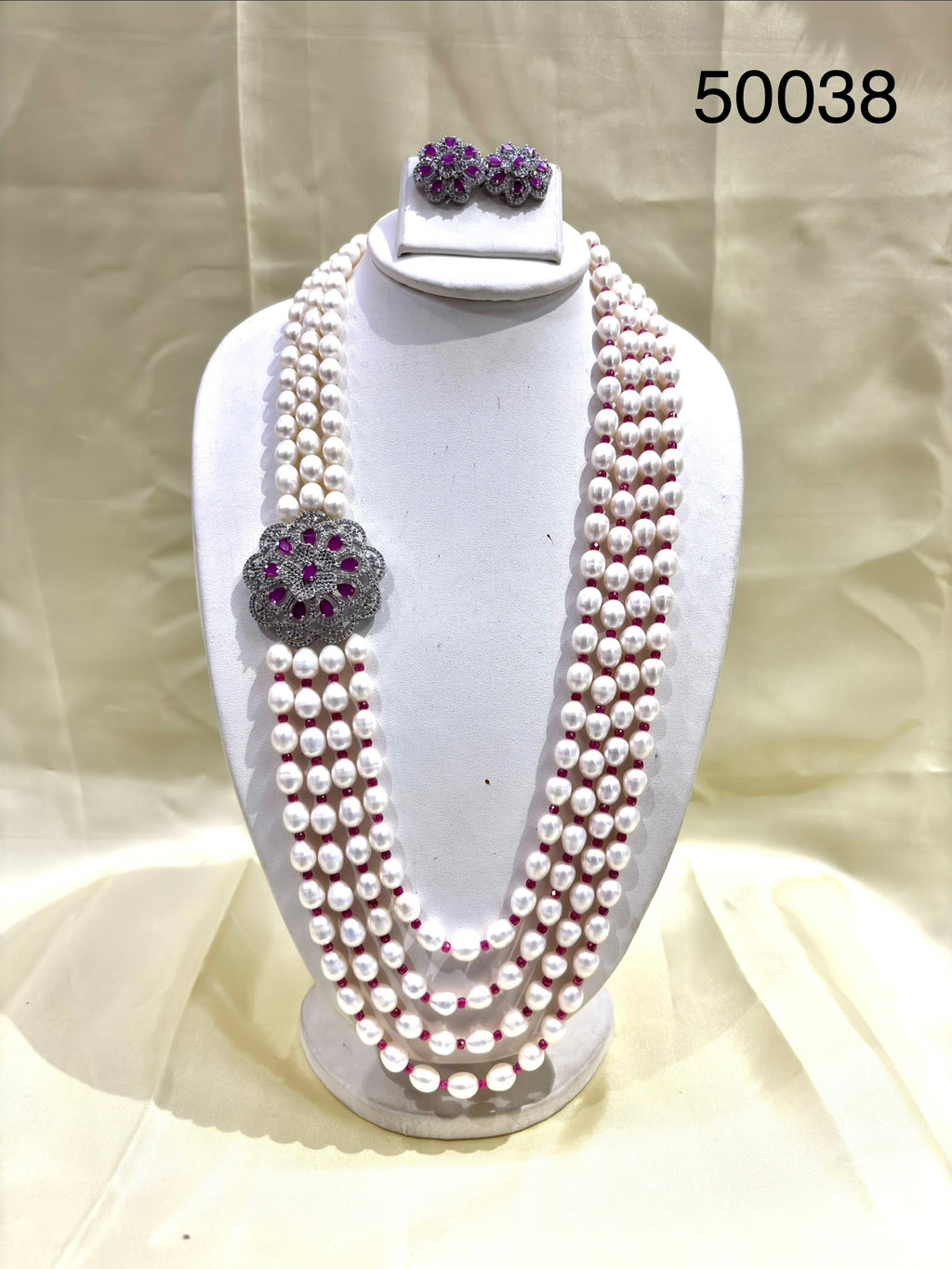 Pink Pearl Multi-Strand Necklace Set with Floral Motif