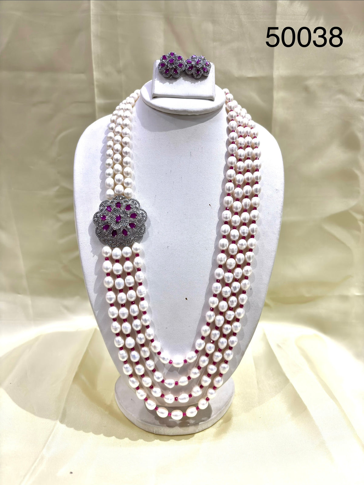 Pink Pearl Multi-Strand Necklace Set with Floral Motif