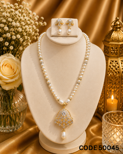 Elegant White Pearl Pendant Set – Code 50045