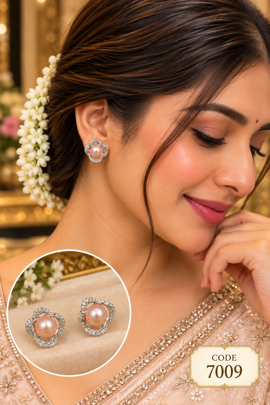 Pink Pearl Floral Stud Earrings – Code 7009