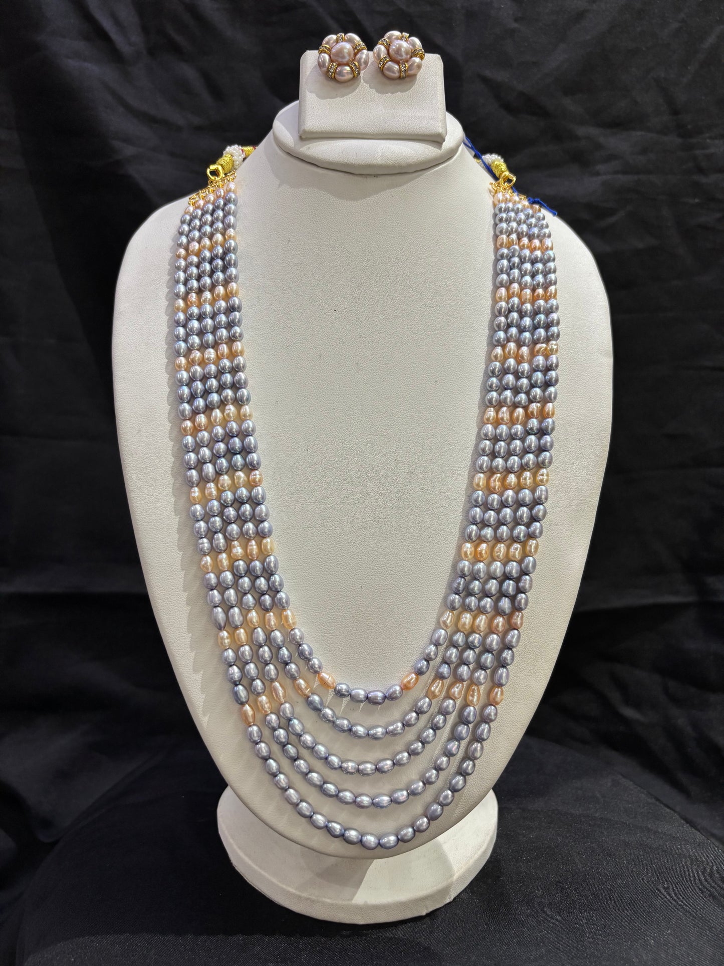 Silver Grey & Peach Freshwater Pearl 7-Line Necklace Set
