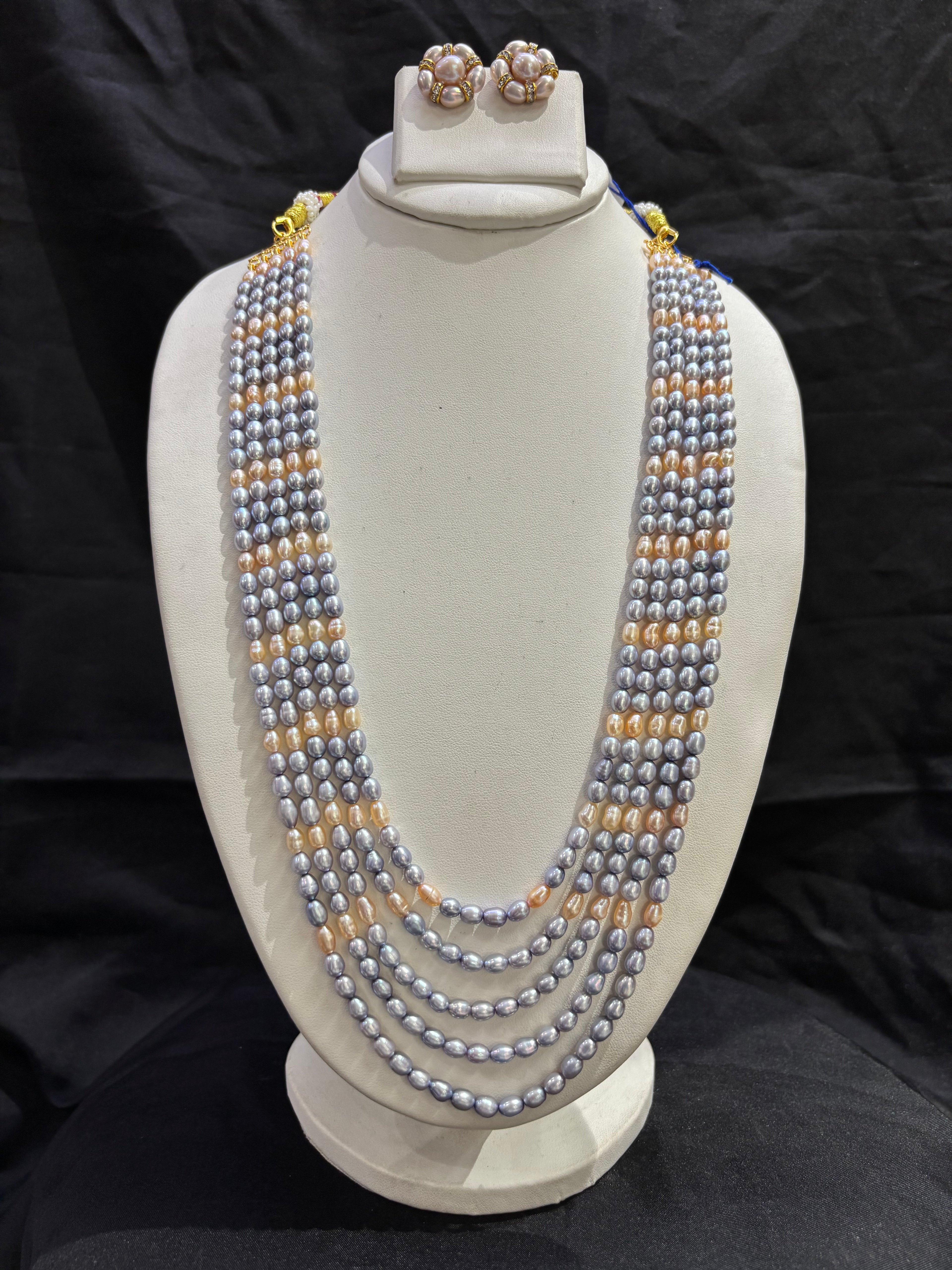 Silver Grey & Peach Freshwater Pearl 7-Line Necklace Set