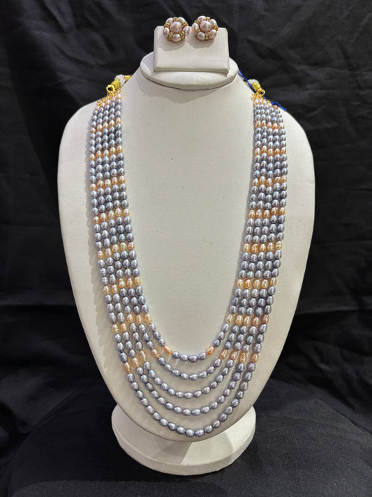 Silver Grey & Peach Freshwater Pearl 7-Line Necklace Set