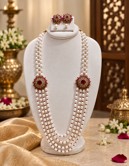 Ruby Red Stone Freshwater Pearl Multi-Strand Necklace Set