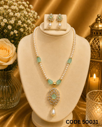 Pearl Necklace Set with Mint Green Stone Pendant & Earrings – Code 50031