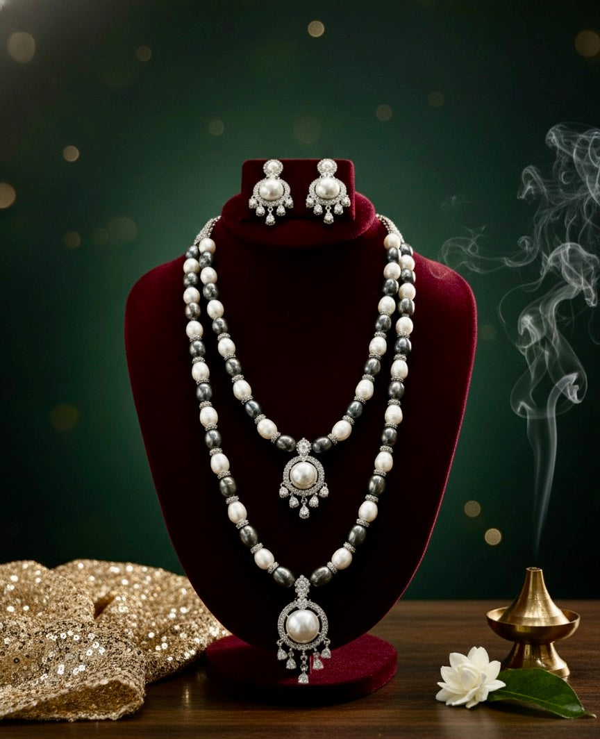 Royal Dual Layer Pearl & Stone Necklace Set with Matching Earrings – Bridal / Party Wear