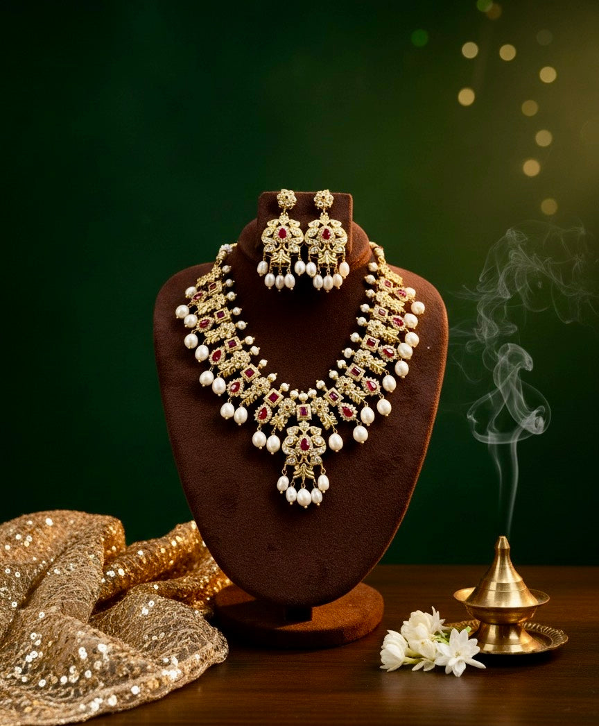 Royal Kundan Pearl Bridal Jewellery Set (Necklace + Earrings)