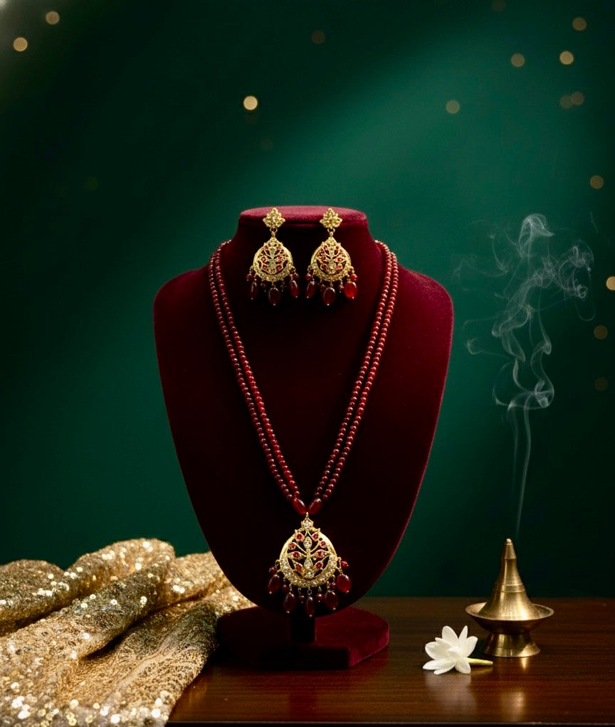 Royal Maroon Beaded Kundan Necklace Set with Matching Earrings