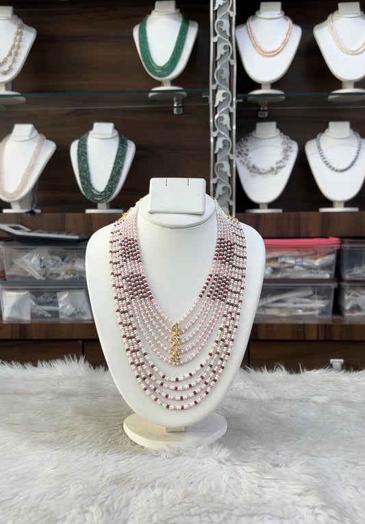 Multi-Layer Pink & Maroon Beaded Necklace with Gold Accents