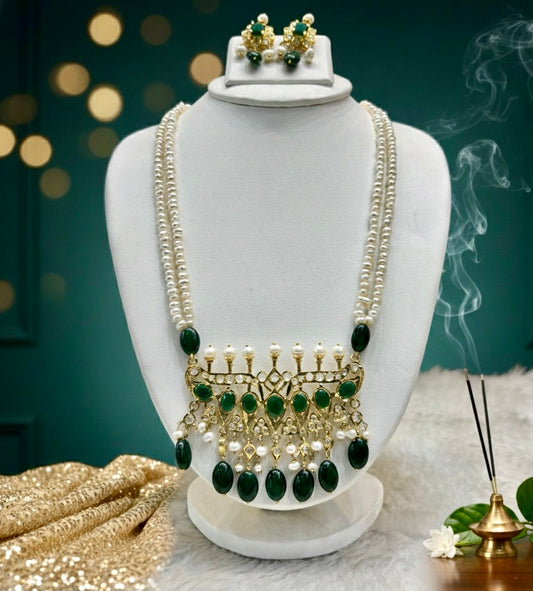 Real Pearl Tirmani Necklace Set – Green Stone & Kundan Work (Premium Bridal Collection)