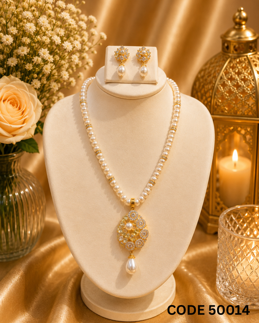Freshwater Pearl Necklace Set with Elegant CZ Pendant – Code 50014
