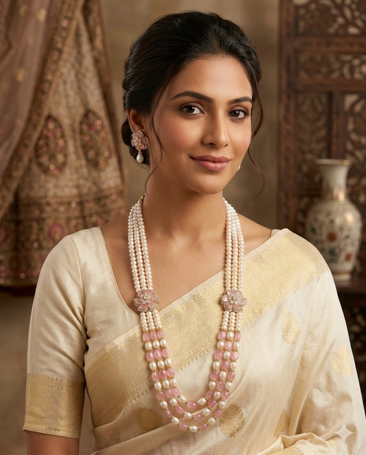 Premium Pink & White Multi-Layer Pearl Necklace Set
