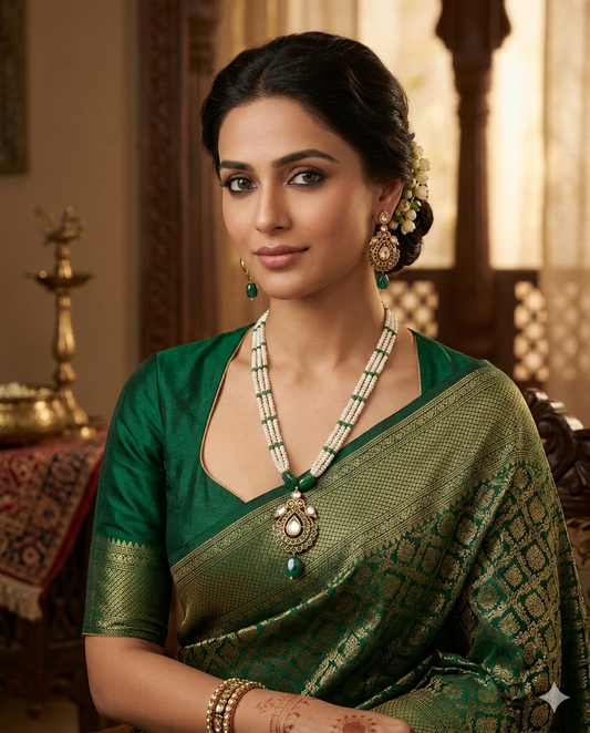 Emerald Accent Pearl Necklace with Royal Pendant