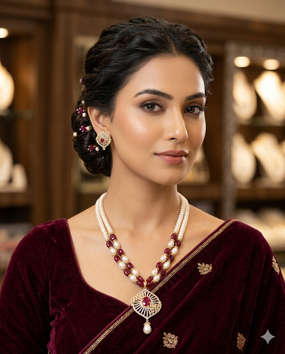 Ruby & Pearl Designer Pendant Necklace Set