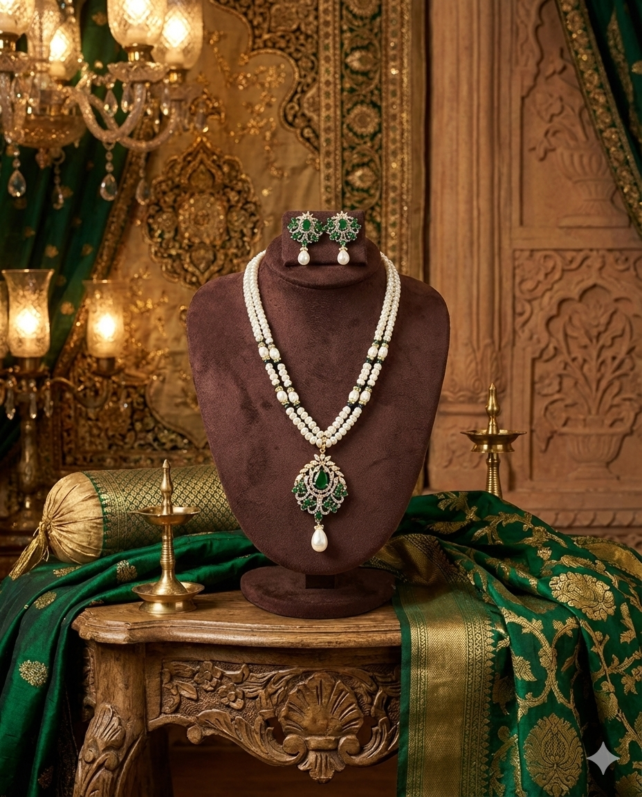 Royal Emerald & Pearl Double Layer Necklace Set