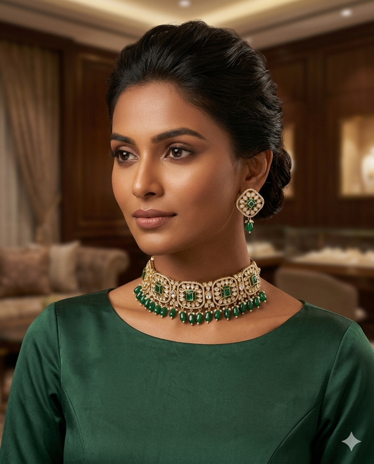 Emerald Stone Choker Necklace Set