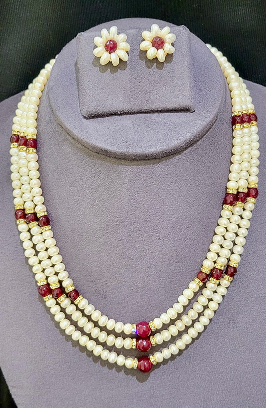 Traditional Triple Layer Freshwater Real Pearl Necklace | Red Beads