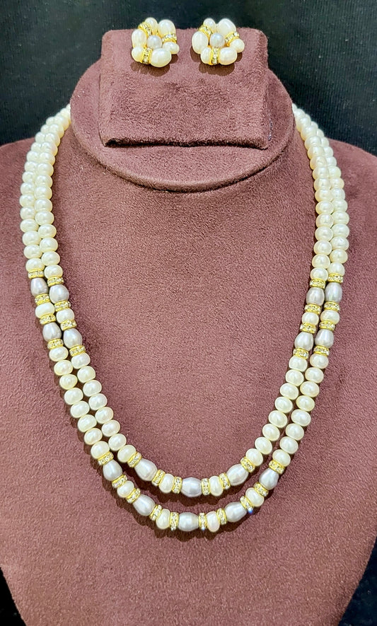 Elegant Double Layer Freshwater Real Pearl Necklace | With Floral Earrings