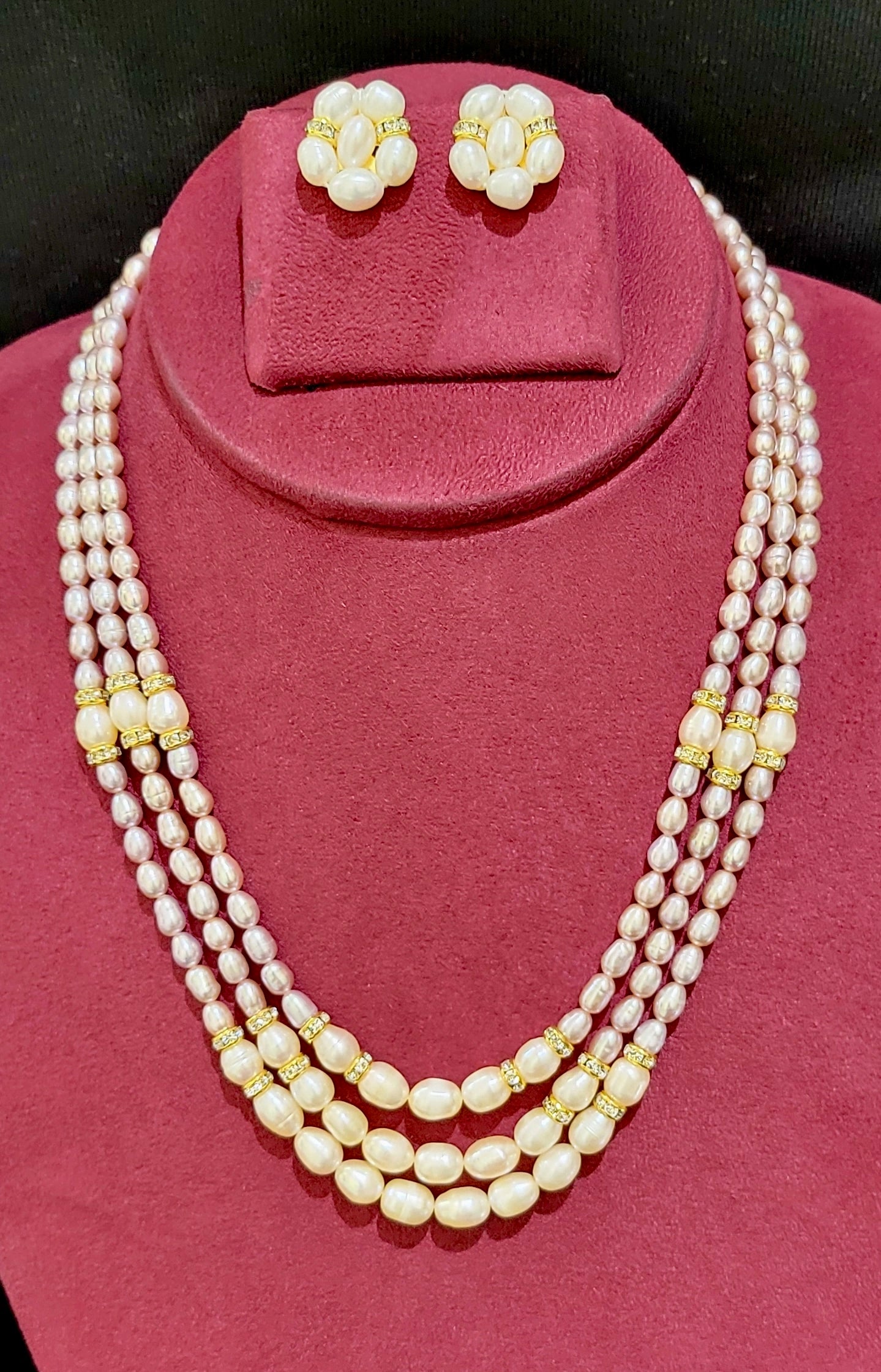 Triple Layer Freshwater Real Pearl Necklace with Floral Earrings