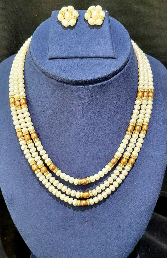 Triple Layer Freshwater Golden Real Pearl Necklace