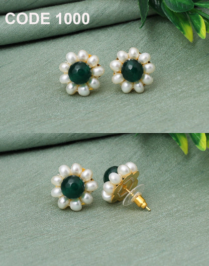 Green Flower Freshwater Pearl Stud Earrings