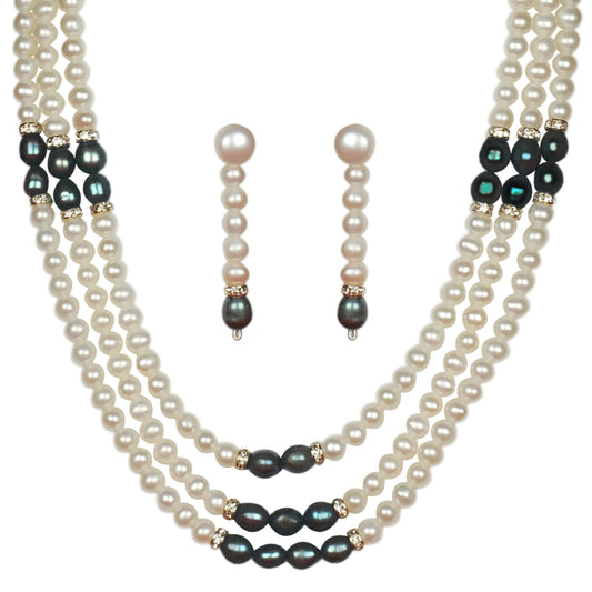 Triple Layer Freshwater Real Pearl Necklace with Earrings