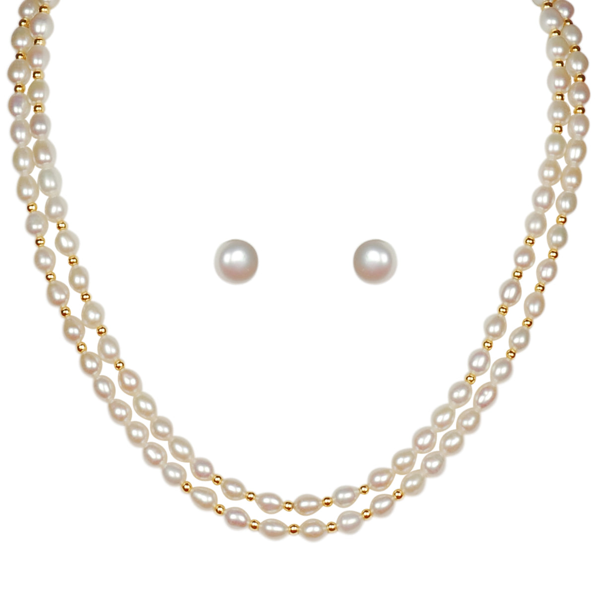 Classic Double Layer Freshwater Real Pearl Necklace with Stud Earrings