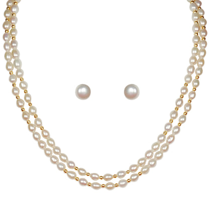 Classic Double Layer Freshwater Real Pearl Necklace with Stud Earrings