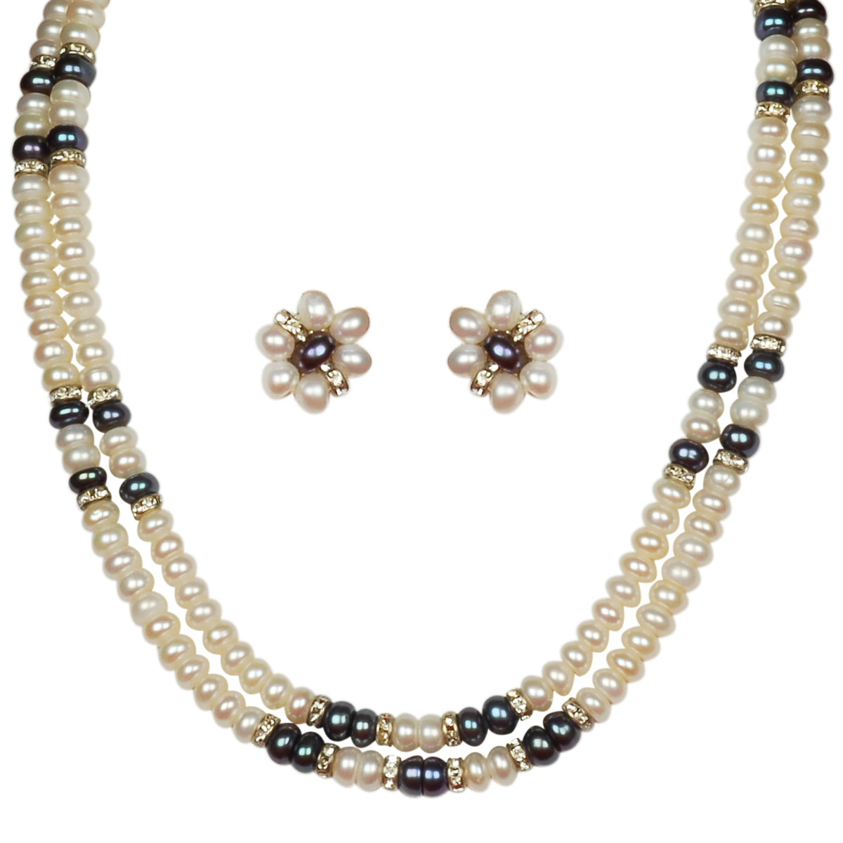 Double Layer Freshwater Real Pearl Necklace with Flower Stud Earrings