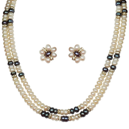 Double Layer Freshwater Real Pearl Necklace with Flower Stud Earrings