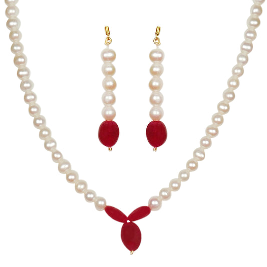 Freshwater Real Pearl Necklace with Red Stone