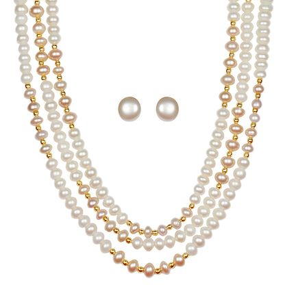 Triple Layer Freshwater Real Pearl Necklace with Stud Earrings