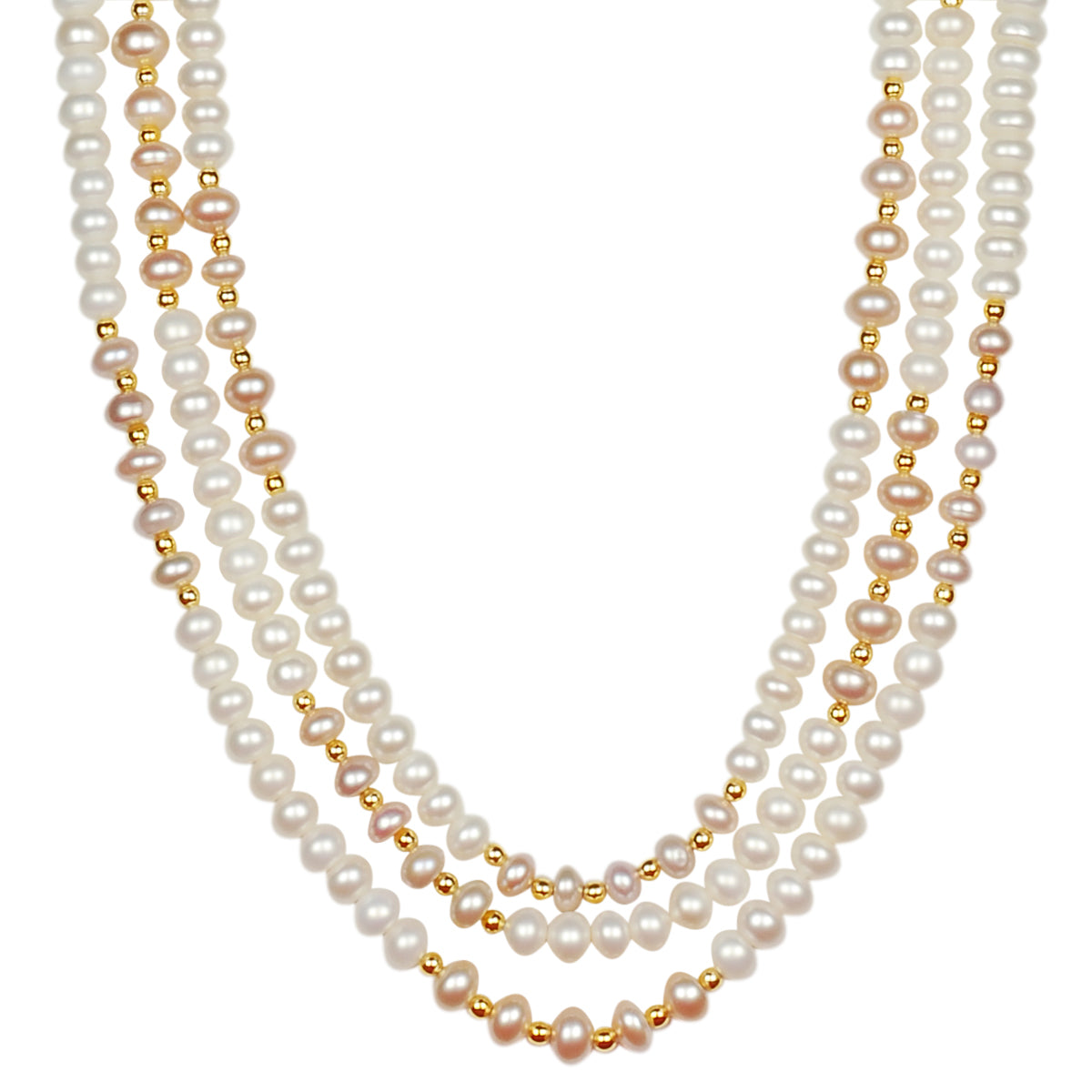 Triple Layer Freshwater Real Pearl Necklace with Stud Earrings