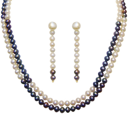 Black & White Combo Freshwater Real Pearl Necklace with Long Earrings