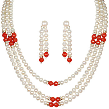 Freshwater Real Pearl Necklace with Red Stones