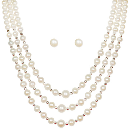 Premium Triple Layer Freshwater Real Pearl Necklace with Long Earrings