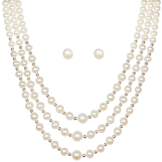 Premium Triple Layer Freshwater Real Pearl Necklace with Long Earrings