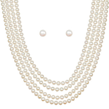 Premium Four Layer Freshwater Real Pearl Necklace with Long Earrings