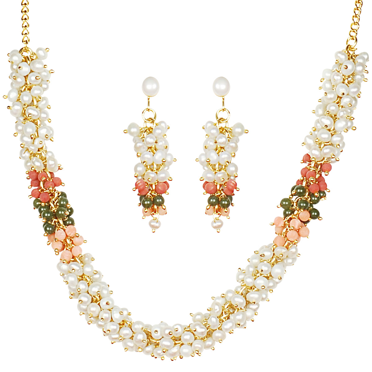 Exotic Floral Freshwater Real Pearl Necklace with Long Earrings