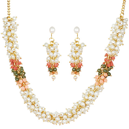 Exotic Floral Freshwater Real Pearl Necklace with Long Earrings