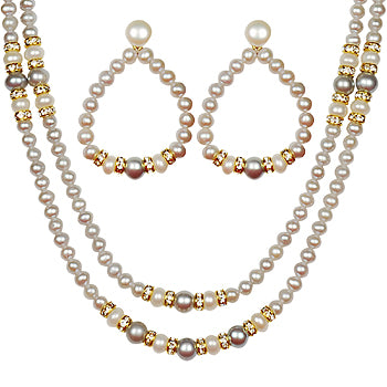 Double Freshwater Real Pearl Necklace with Oval Earrings