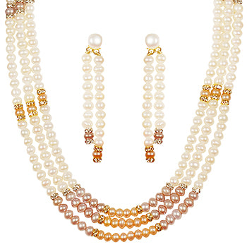 Triple Freshwater Real Pearl Necklace with Long Earrings