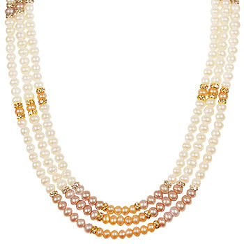 Triple Freshwater Real Pearl Necklace with Long Earrings