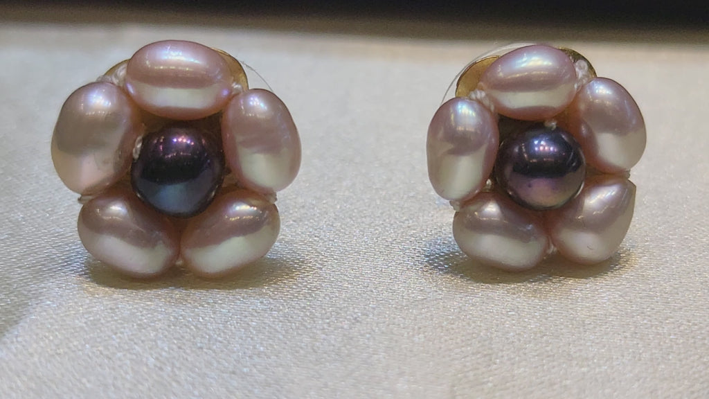 Peach and Black Oval Flower Earrings