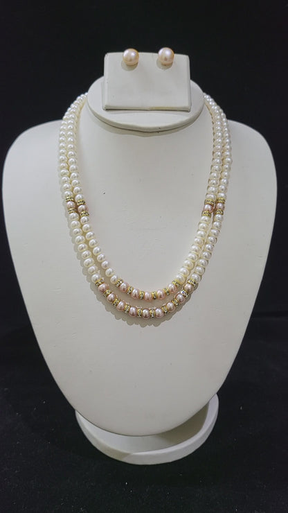 Double Layer Real Pearls Necklace | Peach & White Pearls