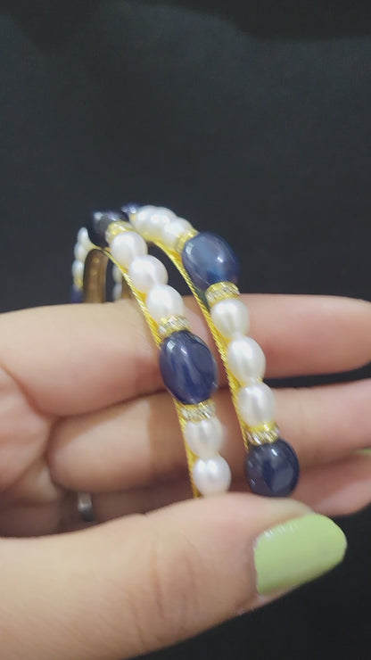 Set of 2 | Real Pearl Bangles with Gold Alloy Base (Blue Beads) | Sizes 2.2 to 2.10