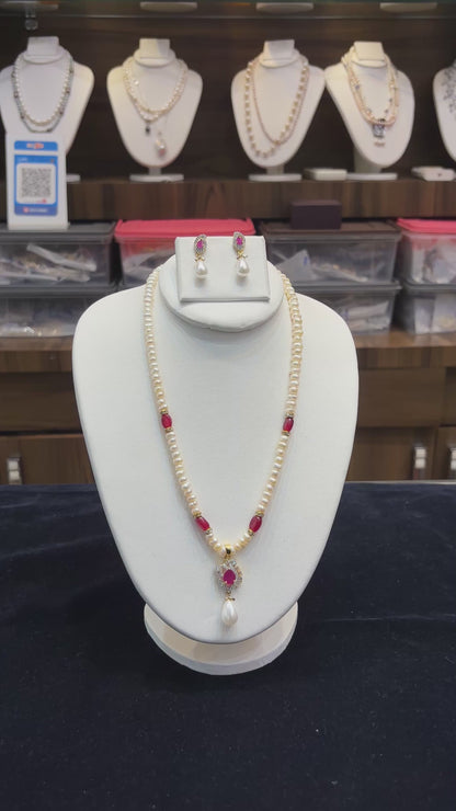 Pearl & Ruby Necklace Set with Earrings