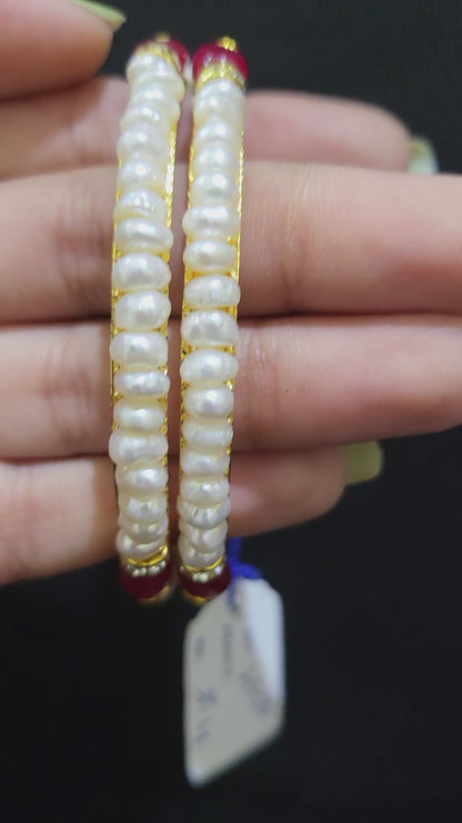 Set of 2 | Real Pearl Bangles with Gold Alloy Base (Red) | Sizes 2.2 to 2.10