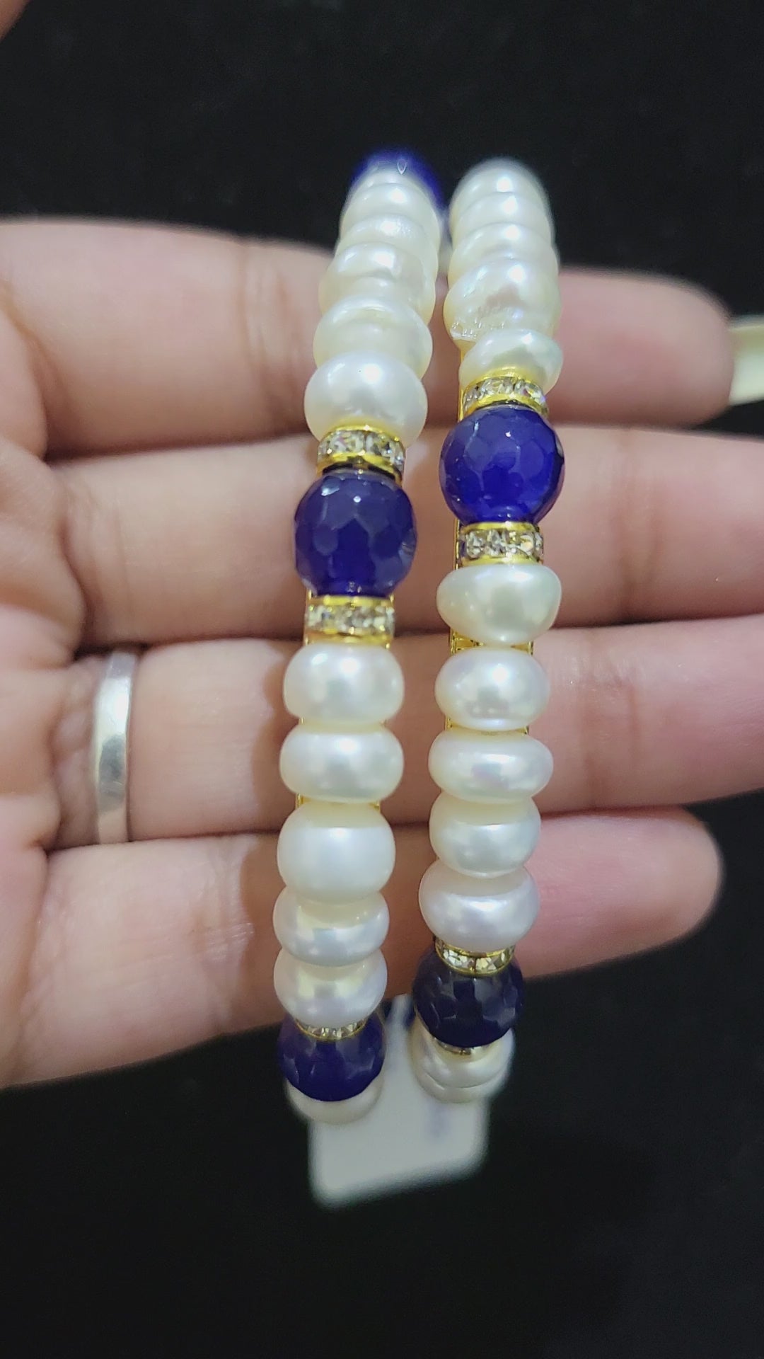 Set of 2 | Real Pearl Bangles with Blue Beads (Gold Alloy Base) | Sizes 2.2 to 2.10