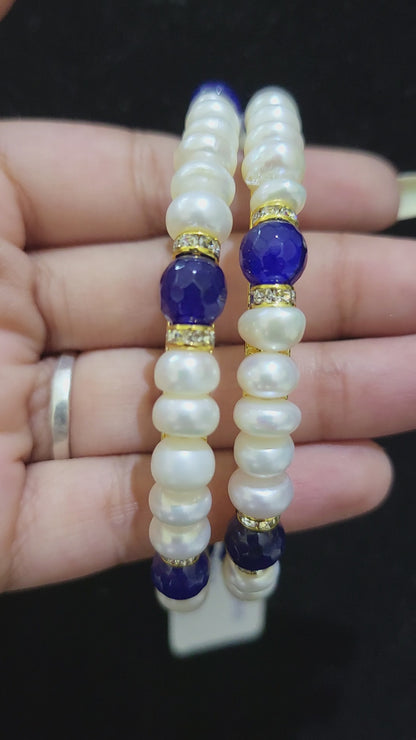 Set of 2 | Real Pearl Bangles with Blue Beads (Gold Alloy Base) | Sizes 2.2 to 2.10